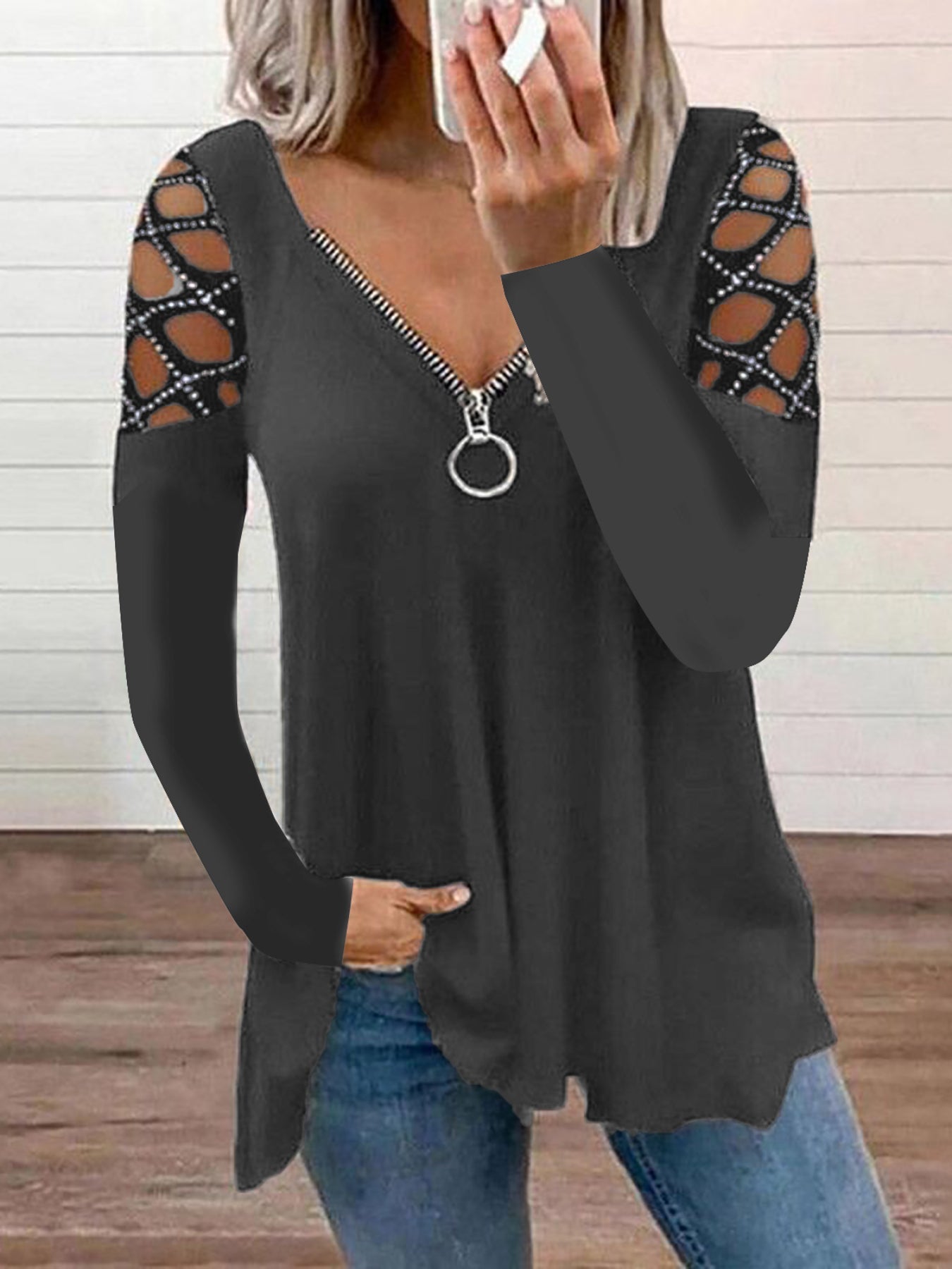 Cutout Zipper Front T-Shirt, Casual V Neck Long Sleeve T-Shirt