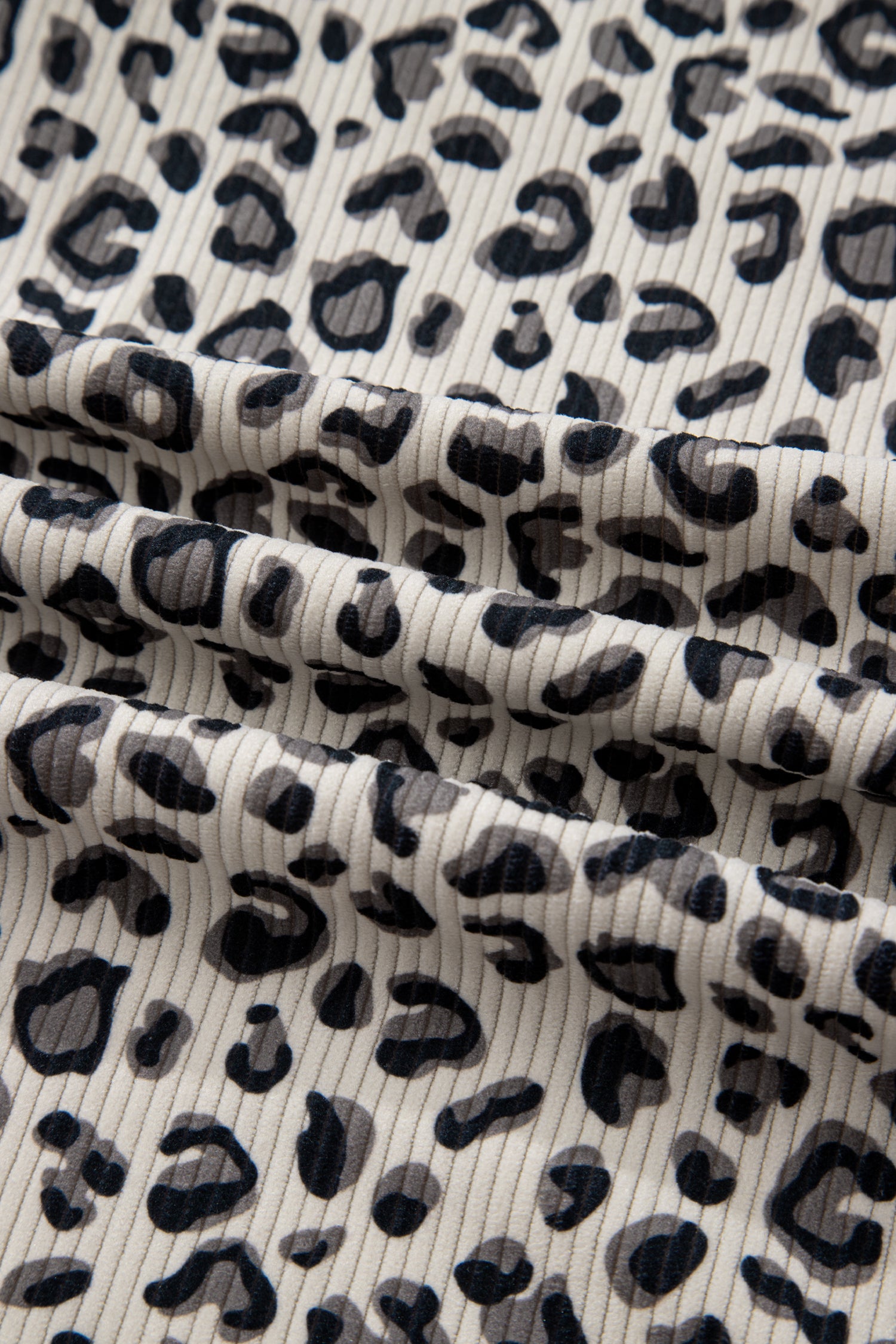 Beige Leopard Print Quarter Zip Corduroy Sweatshirt