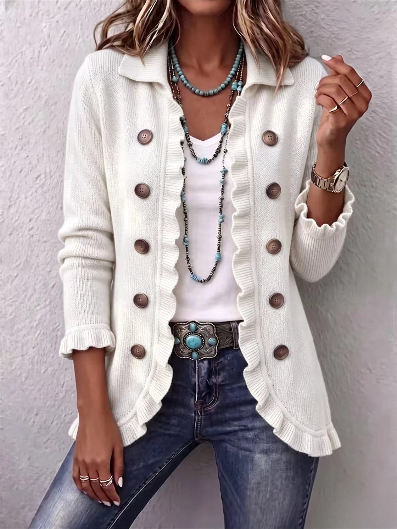 Solid Color Long Sleeve Ruffle Edge Button-knitted Cardigan