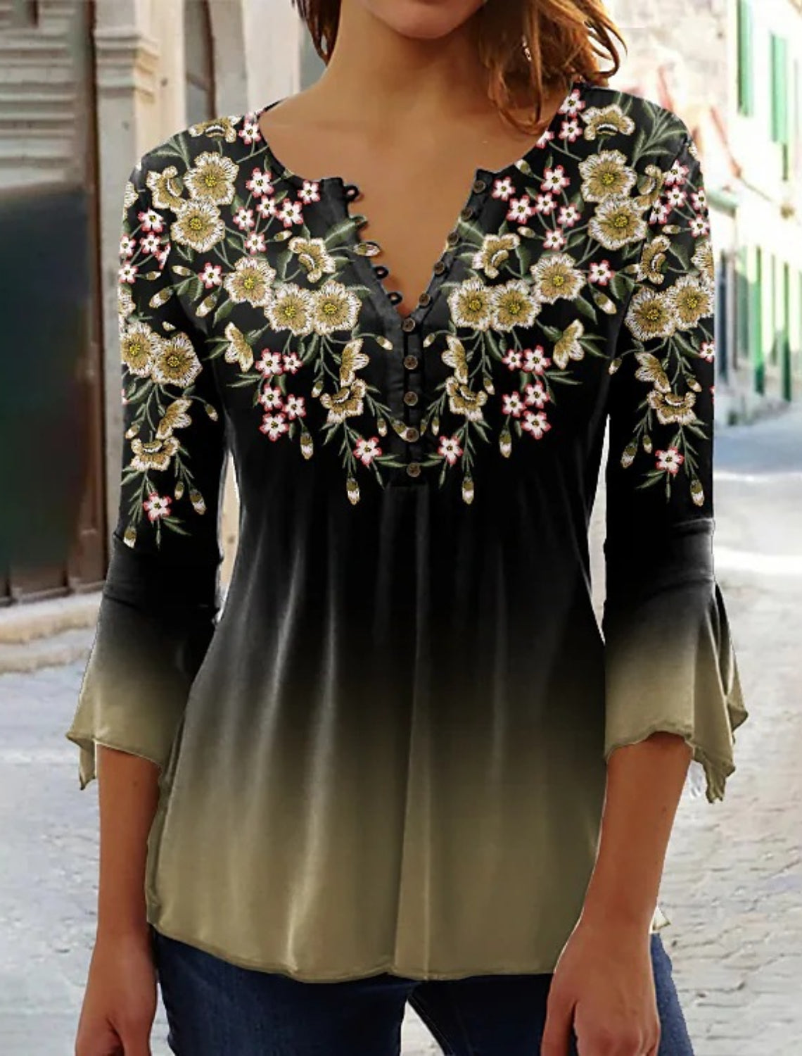 Women's Floral Button Print 3/4 Length Sleeve Casual Shirt