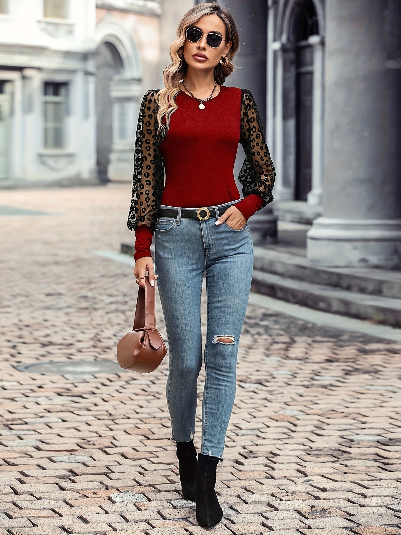 Solid Color Lace Patchwork Ballon Sleeve Ribbed Knit Tops, Elegant Everyday Blouse