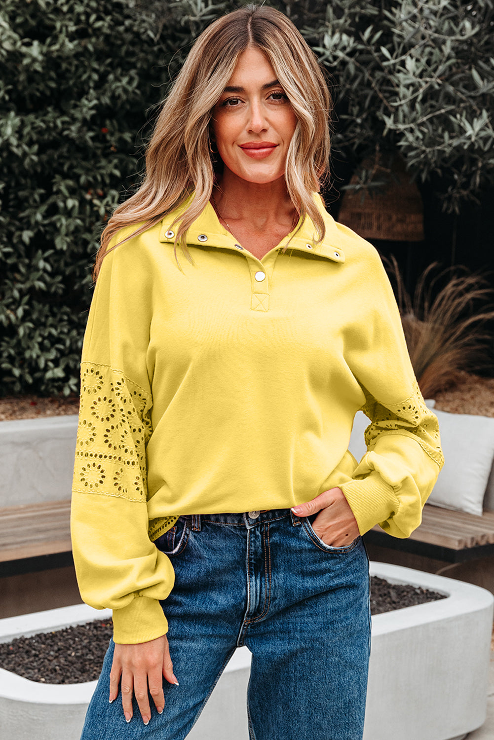 Yellow Cream Embroidered Flower Patchwork Snap Buttons Pullover Sweatshirt