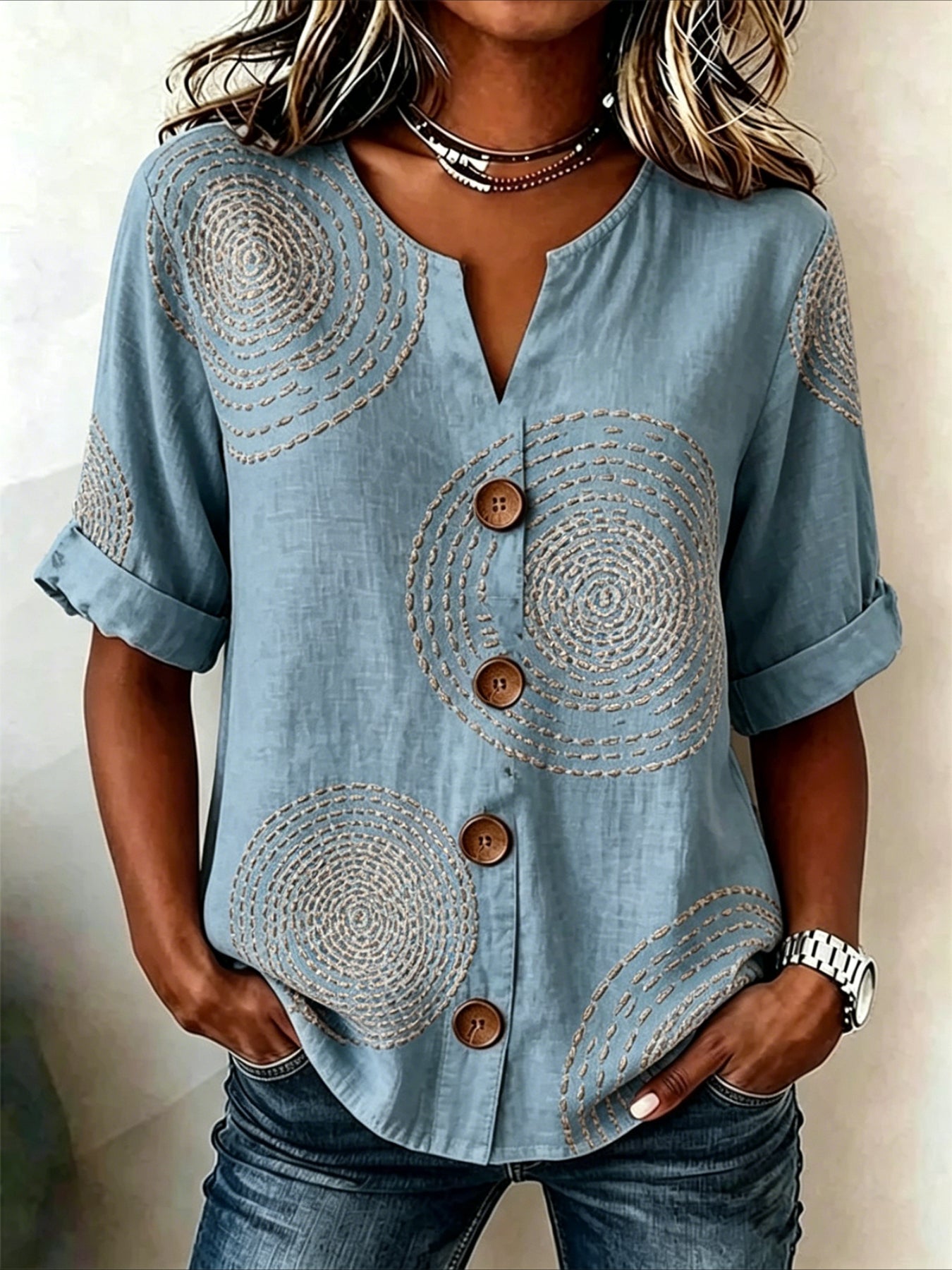 Geometric Print Loose Stand Collar Simple Linen Blend Shirt