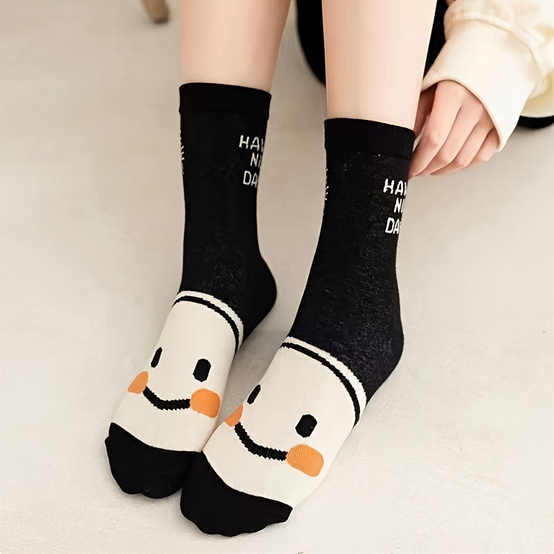 5 Pairs Happy Face Crew Socks, Cartoon Cat Breathable Cotton Mid Tube Socks