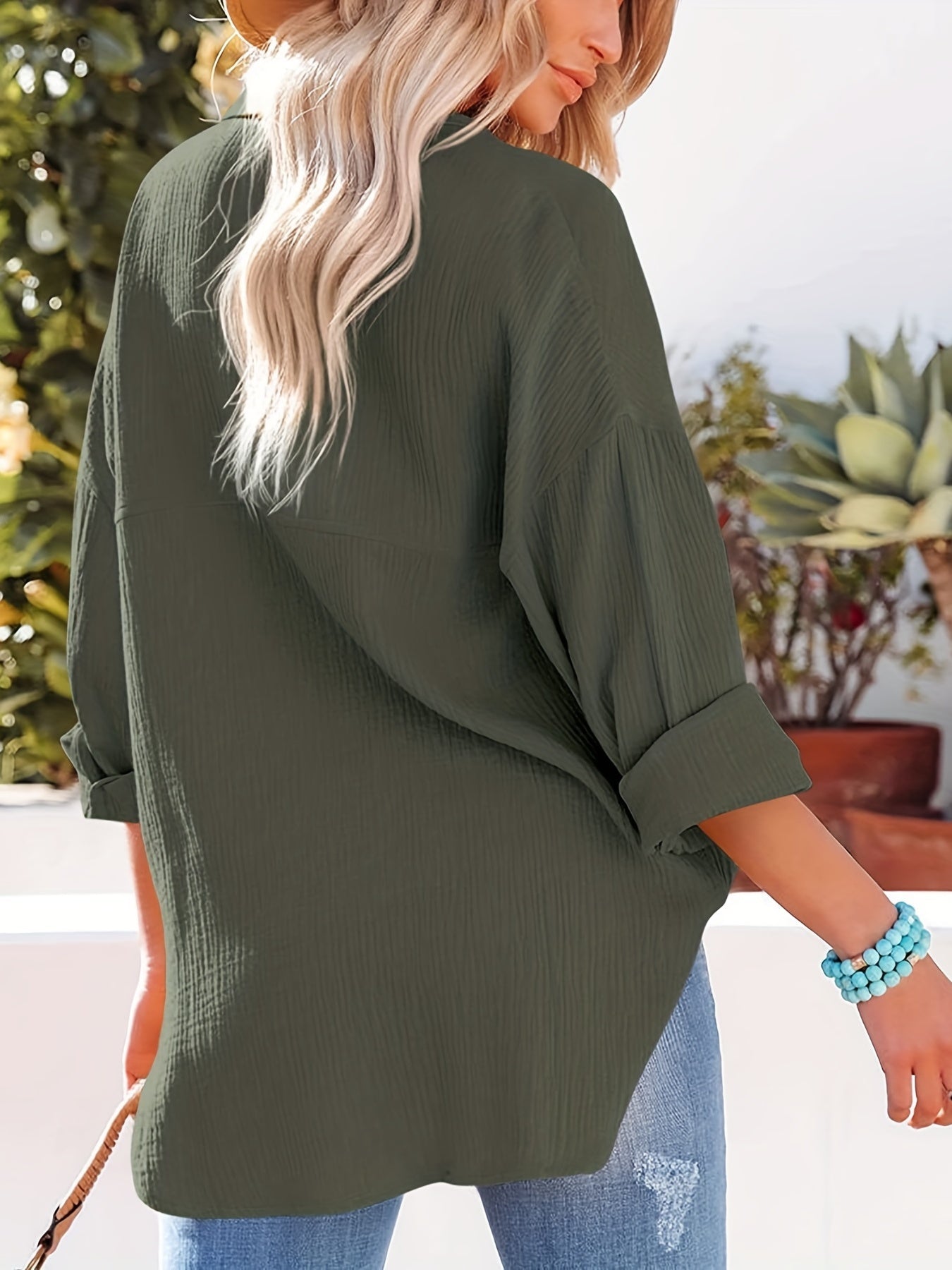 V-neck Loose Lapel Blouses, Casual Pocket Button Down Long Sleeve Fashion Shirts Tops