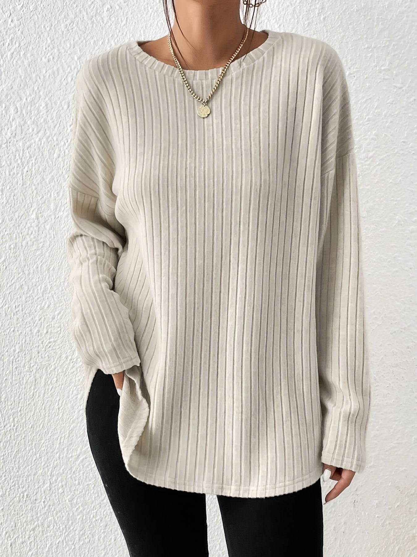 Ribbed Crew Neck T-Shirt, Casual Long Sleeve Top