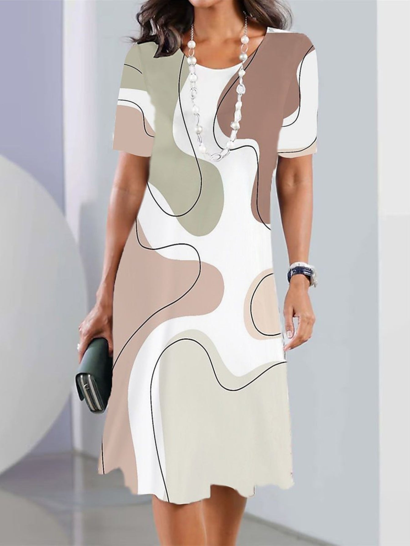 Geo Print Crew Neck Dress, Casual Short Sleeve Dress