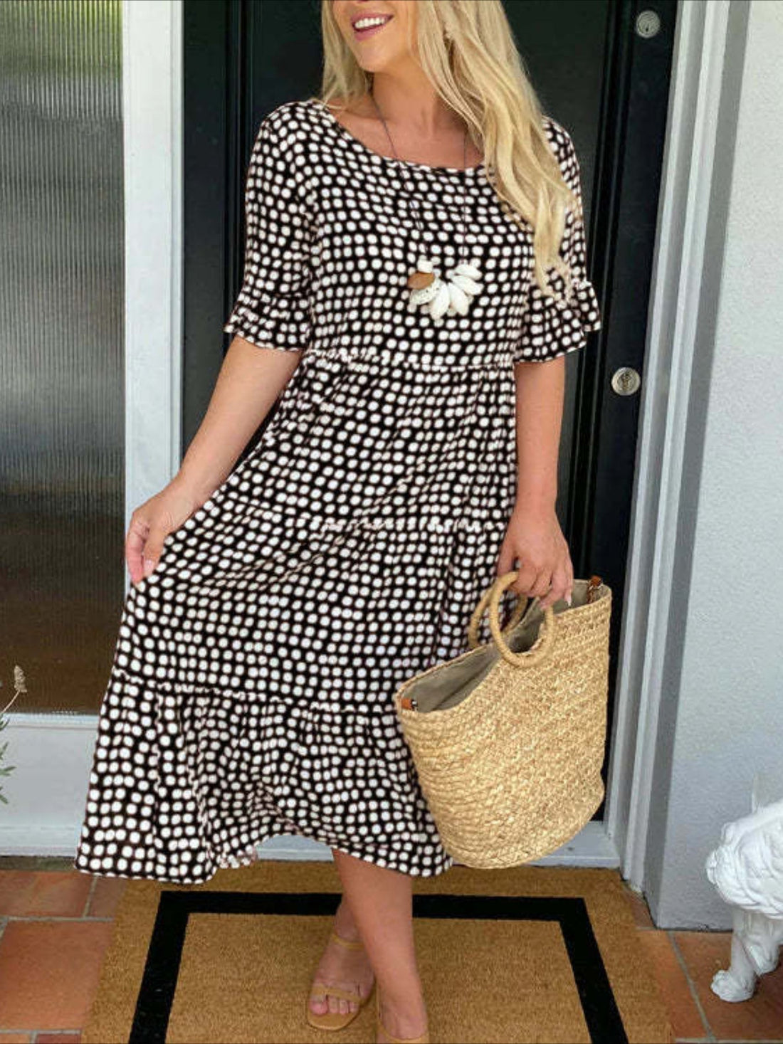 Round Neck Print Short Sleeve Maxi Dress