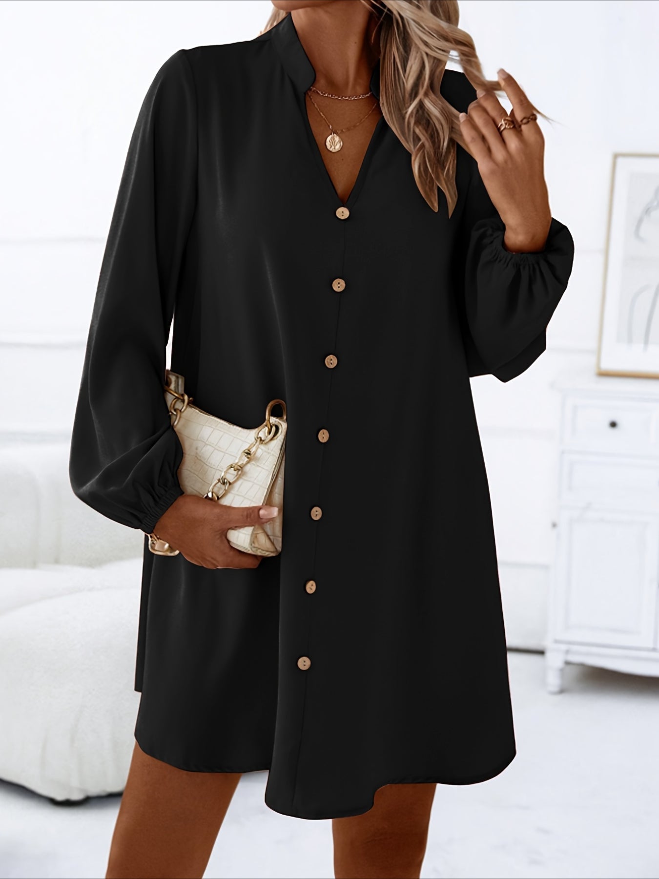 Solid Color V Neck Dress, Casual Long Sleeve Loose Fit Dress