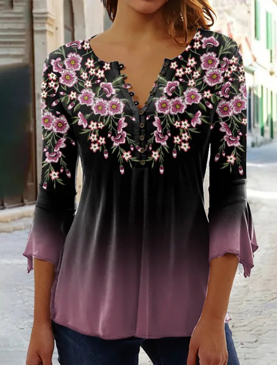 Women's Floral Button Print 3/4 Length Sleeve Casual Shirt