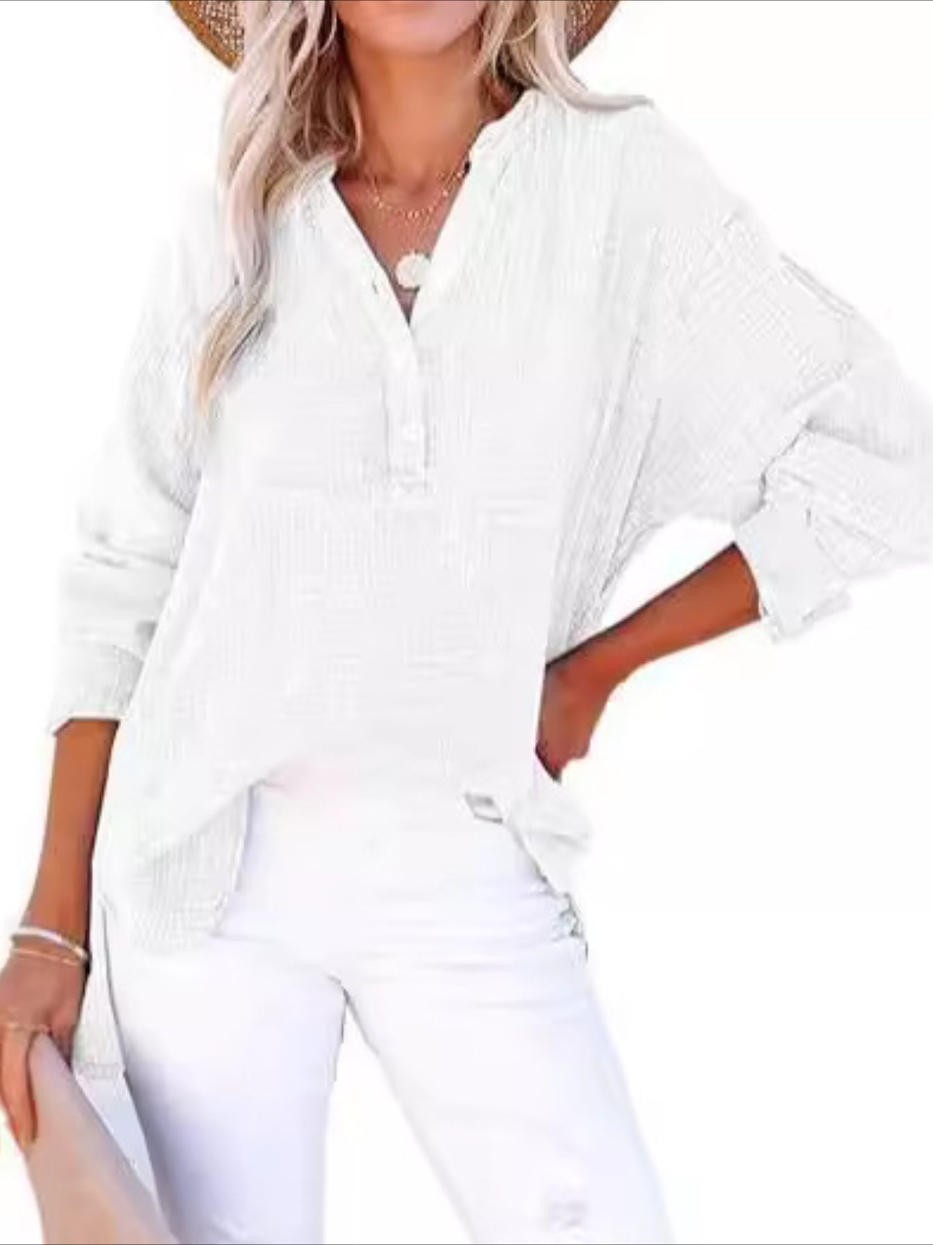 Long Sleeve Button Solid Color Pleated Detail Casual Oversized V-Neck Blouse