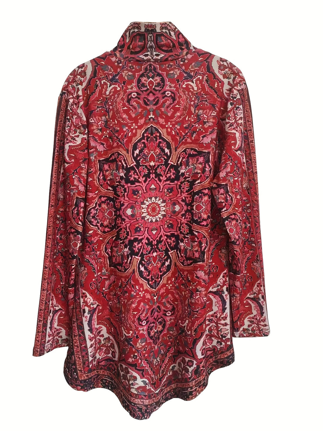 Ethnic Floral Print High Neck Tunics, Boho Long Sleeve Tunic Tops