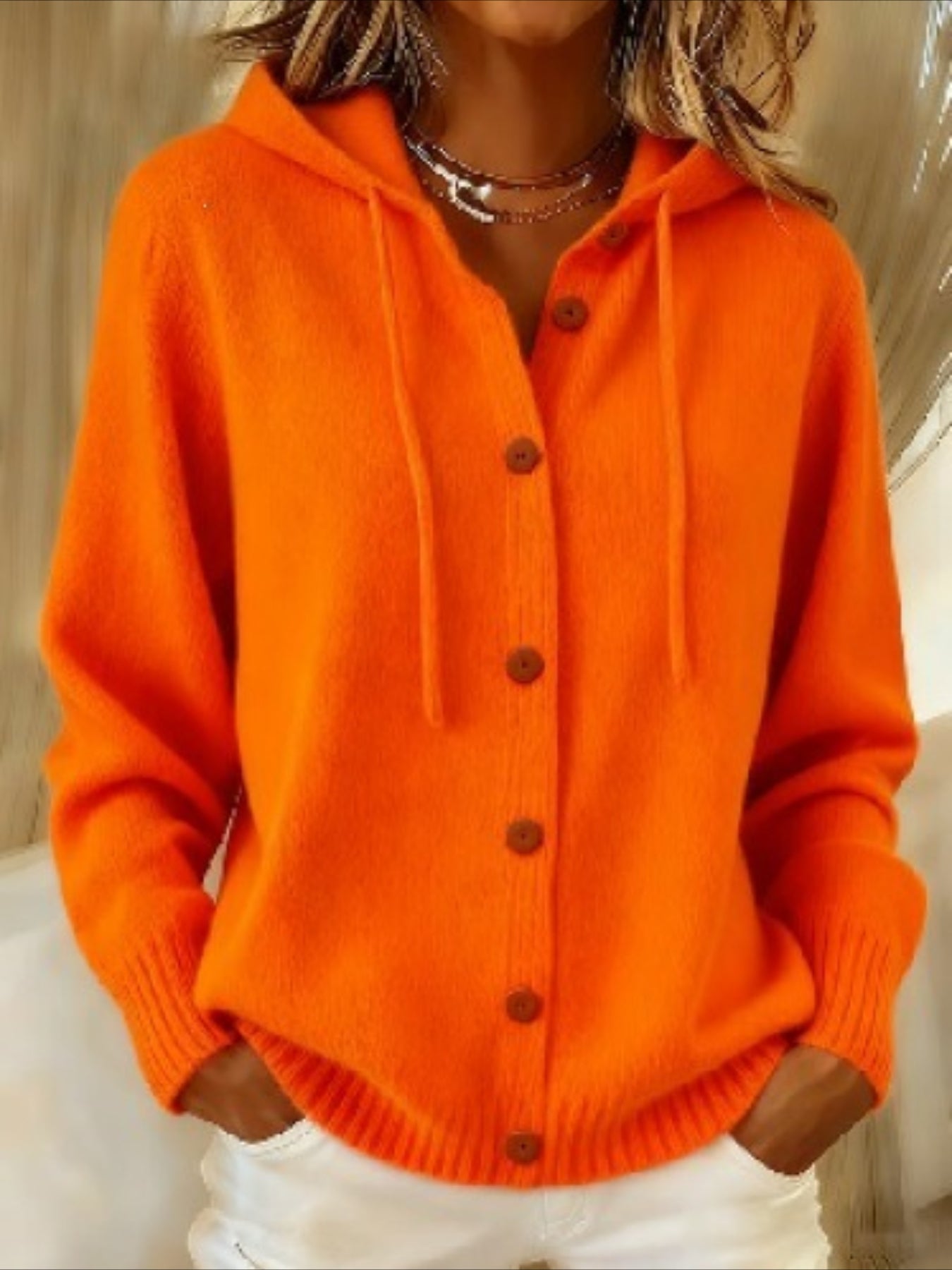 Solid Color Casual Hooded Cardigan Coat with Buttons