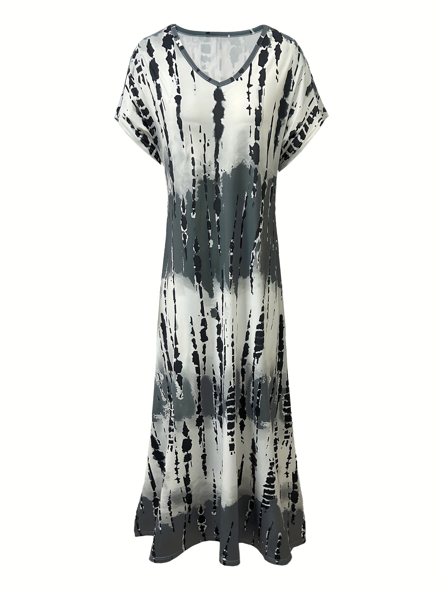 Tie Dye V-neck Dress, Elegant Split Short Sleeve Dress