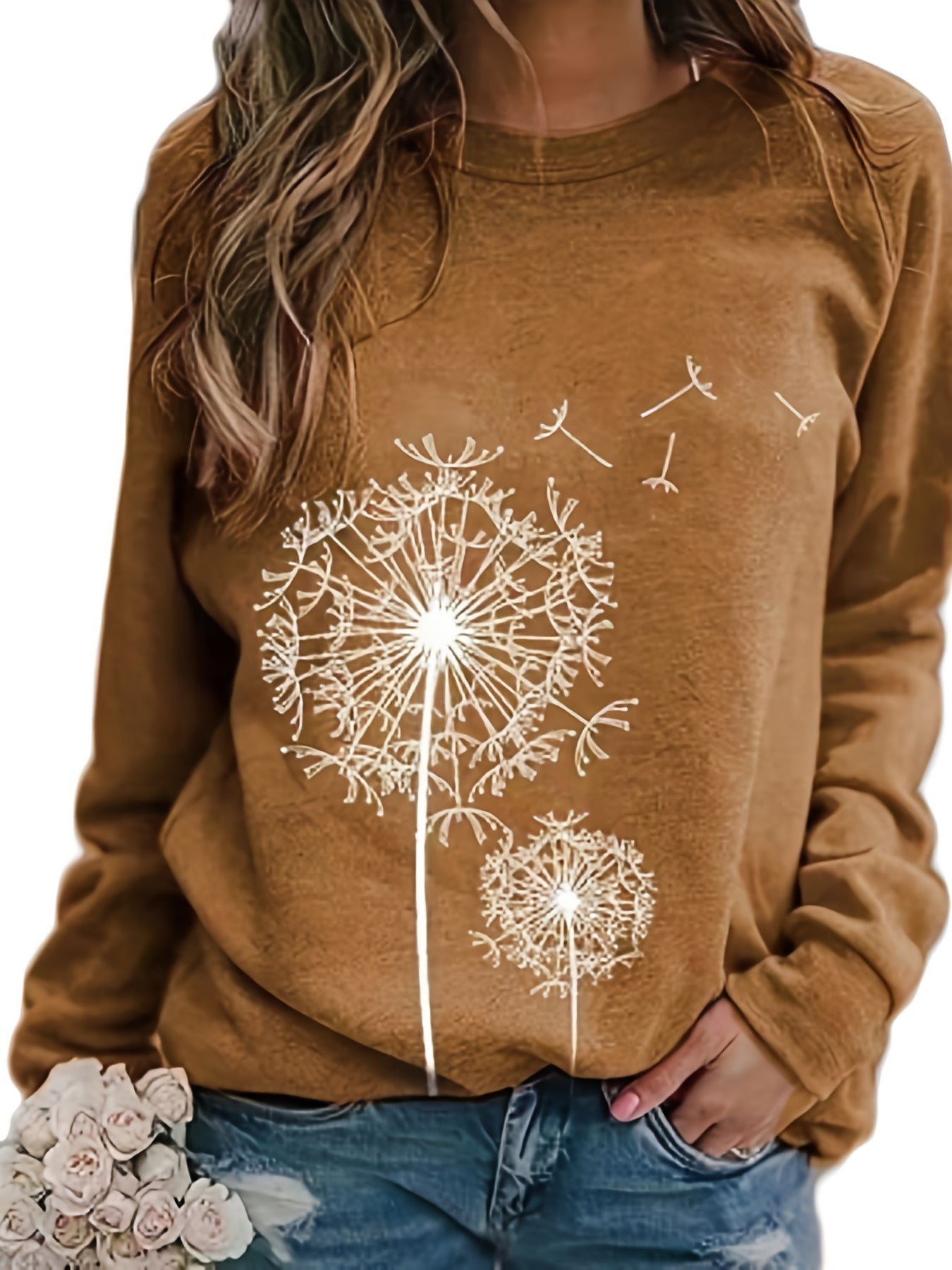 Dandelion Print Crew Neck T-shirt, Casual Loose Long Sleeve T-Shirts Tops