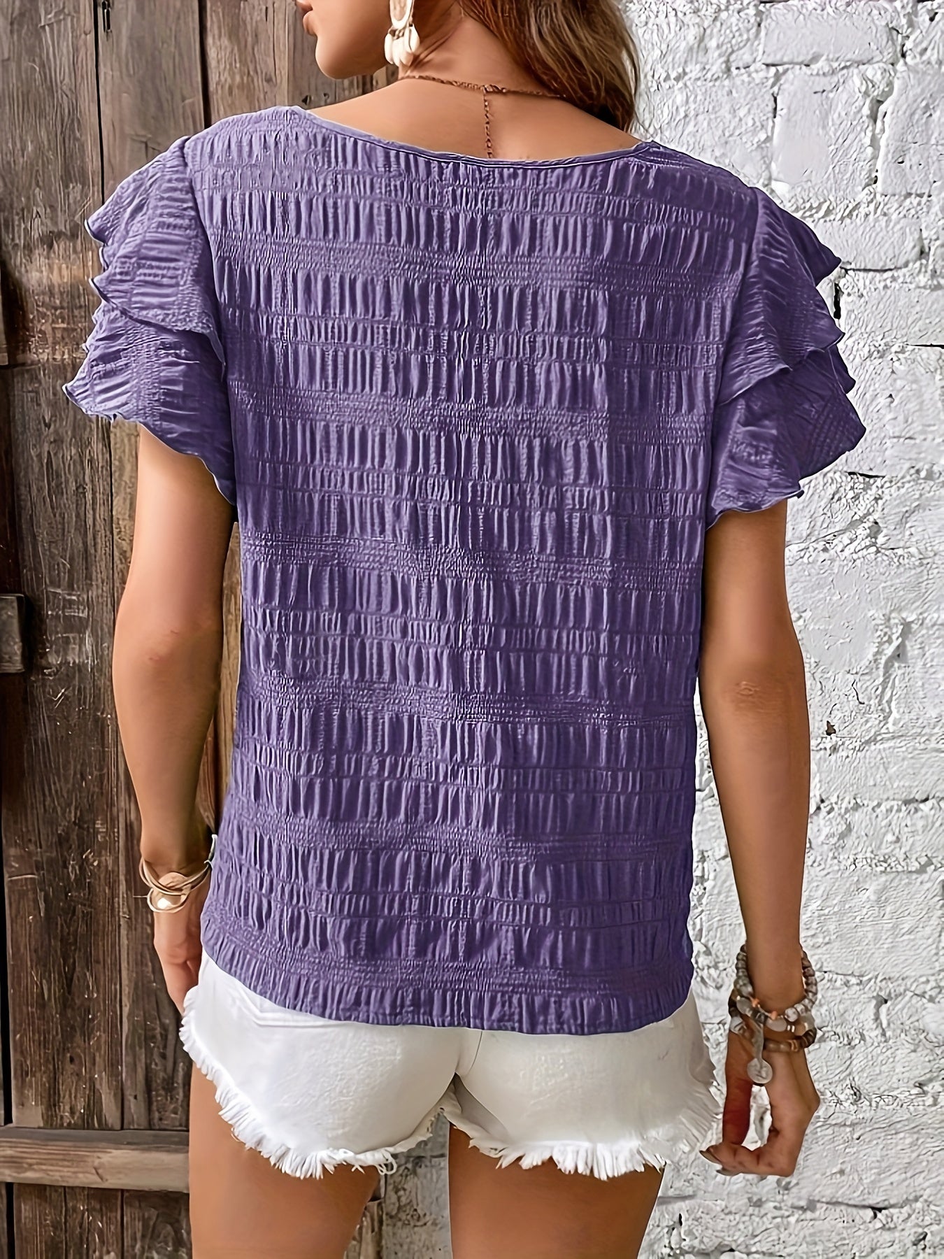 Textured Butterfly Sleeve Blouse, Elegant Solid Color Crew Neck Top