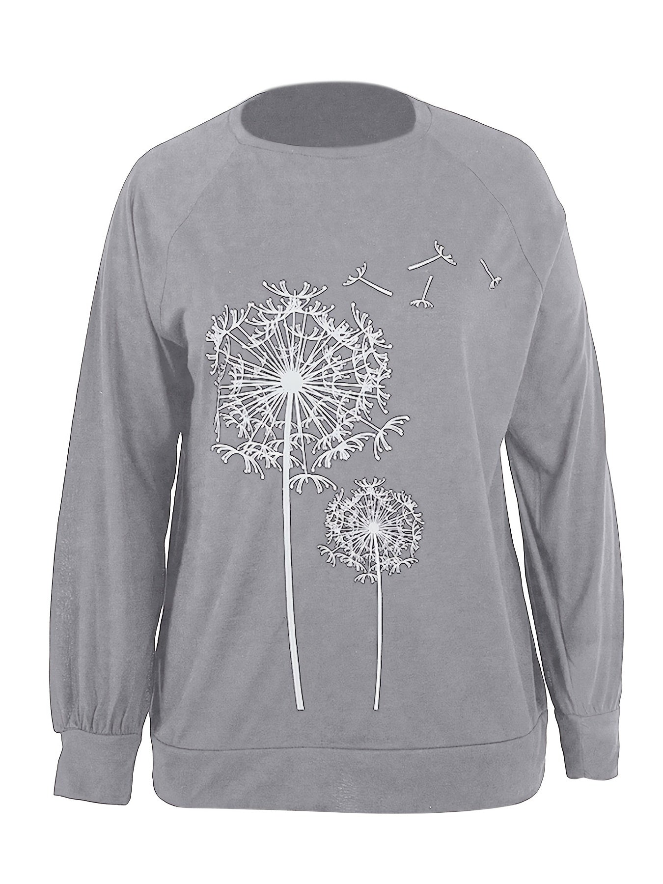 Dandelion Print Crew Neck T-shirt, Casual Loose Long Sleeve T-Shirts Tops