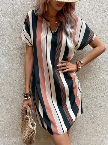 Striped Notched Neck Dress, Casual Short Sleeve Dress