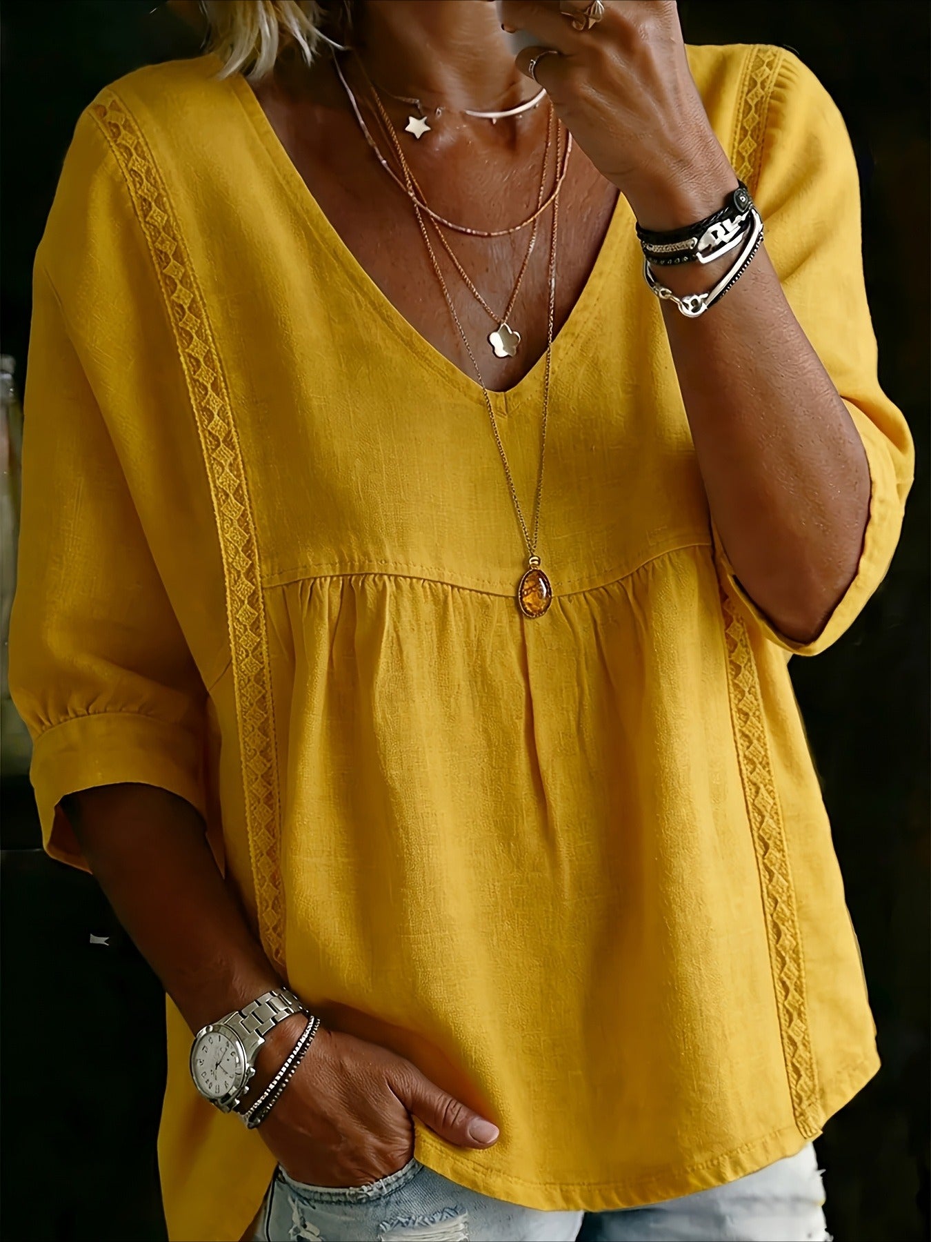 Casual Seven-Point Sleeve Lace V-Neck Pullover Multi-Color Tops