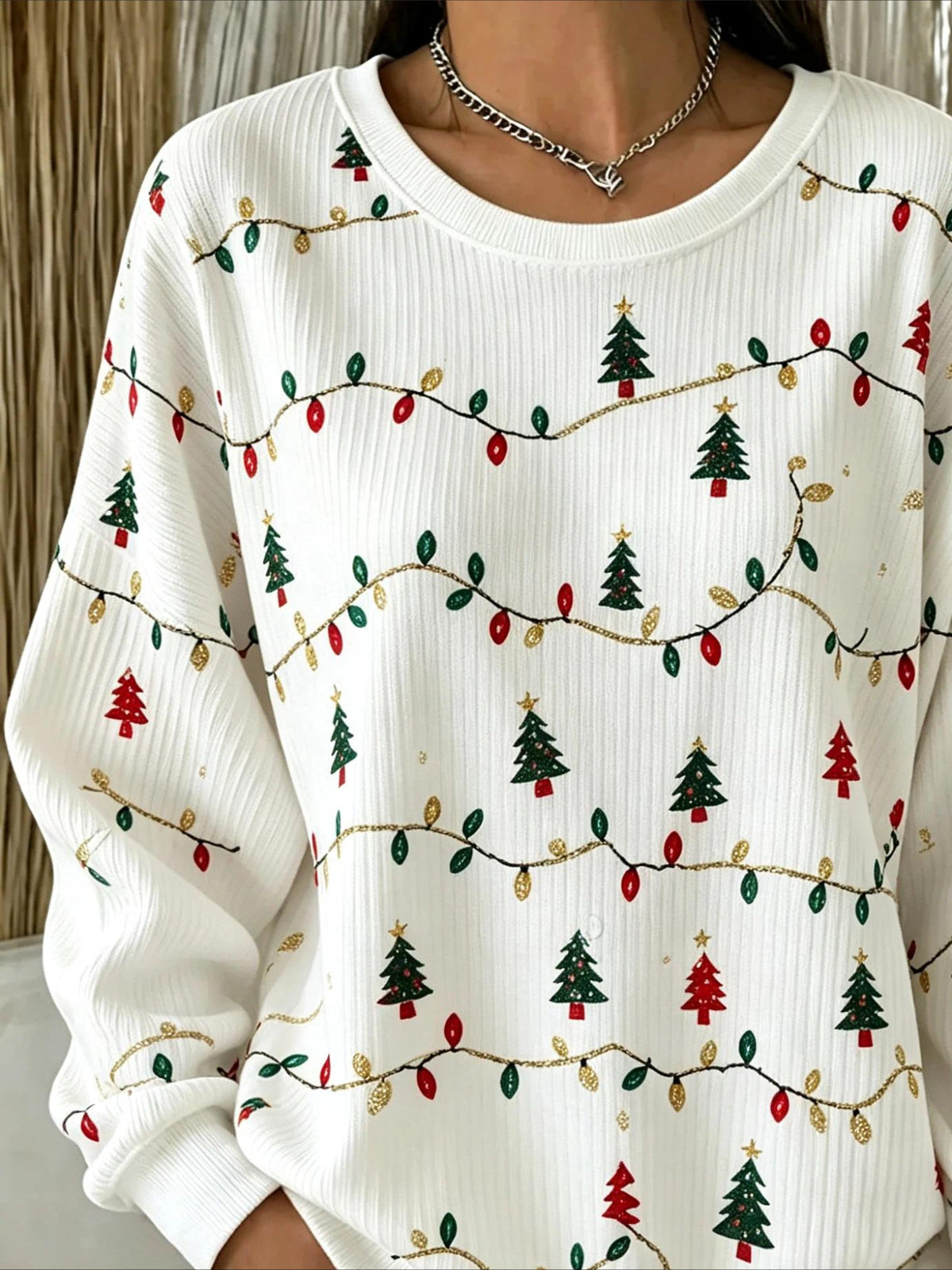 Christmas Tree Casual Printing Loose Leaf Crew Neck Regular Fit Sweatshirt