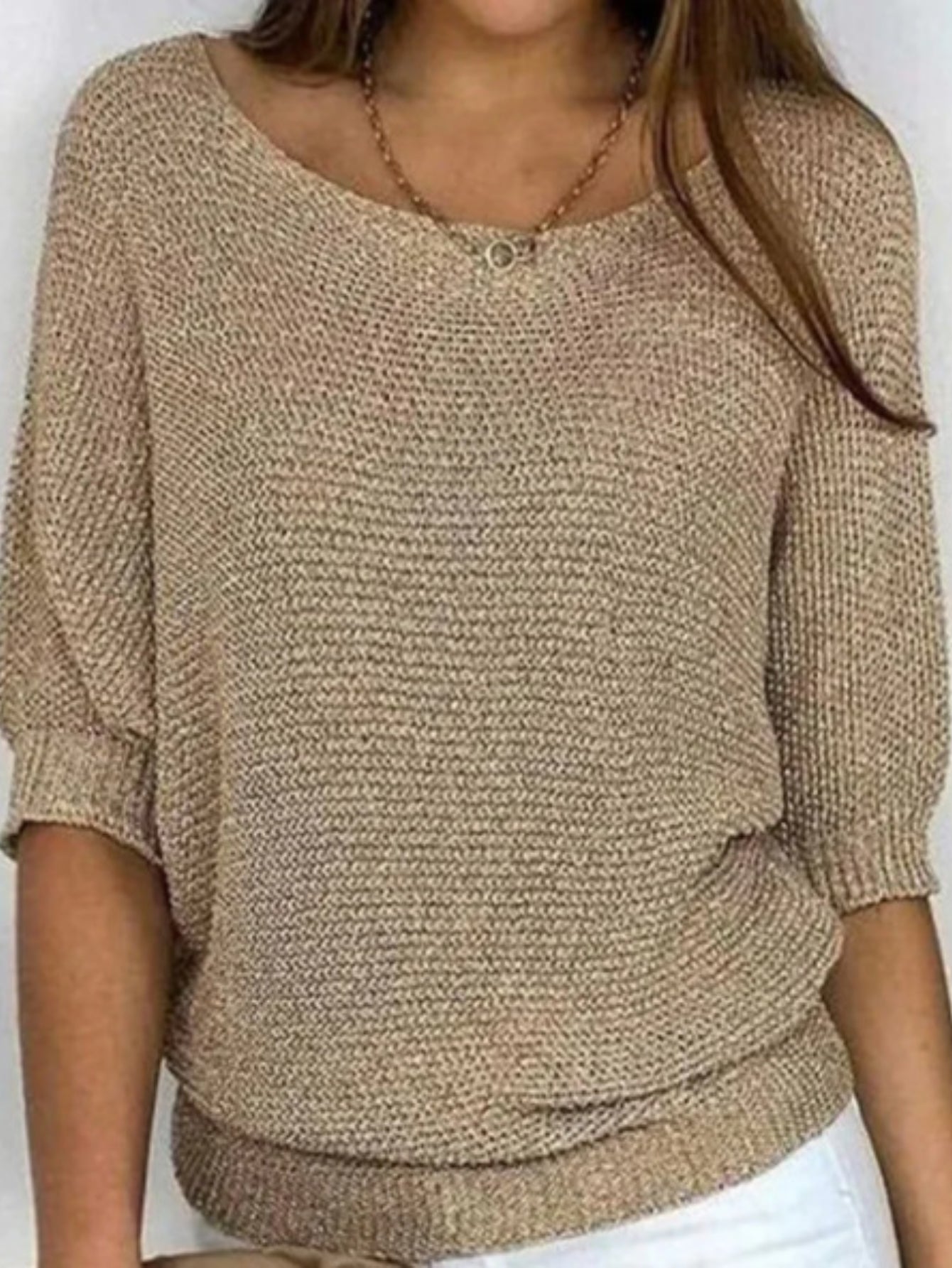 Solid Simple Knit Sweater, Casual Crew Neck 3/4 Sleeve Sweater