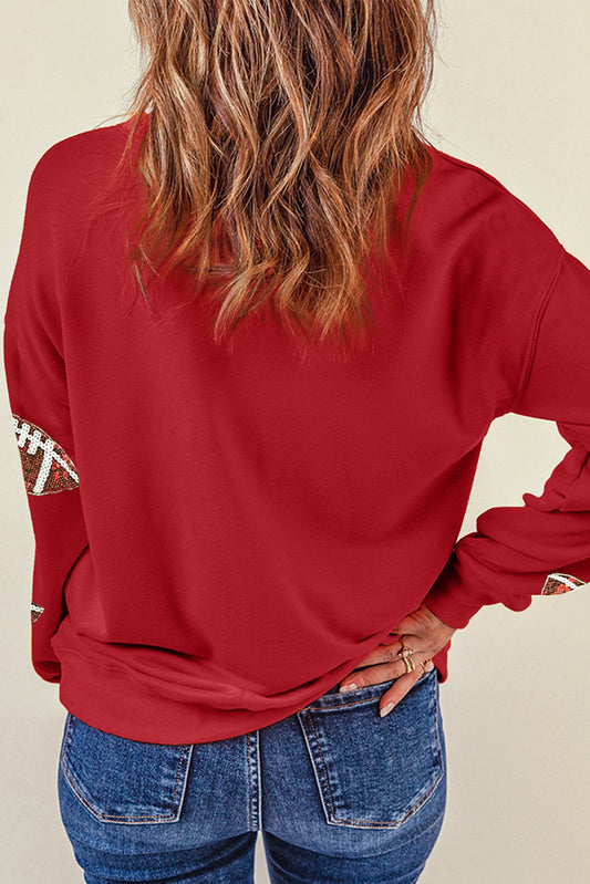 Fiery Red Sequined Rugby Graphic Drop Shoulder Sweatshirt