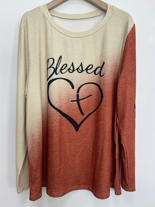 Casual Top, Women's Ombre & Heart & Letter Print Long Sleeve Round Neck Slight Stretch T-shirt