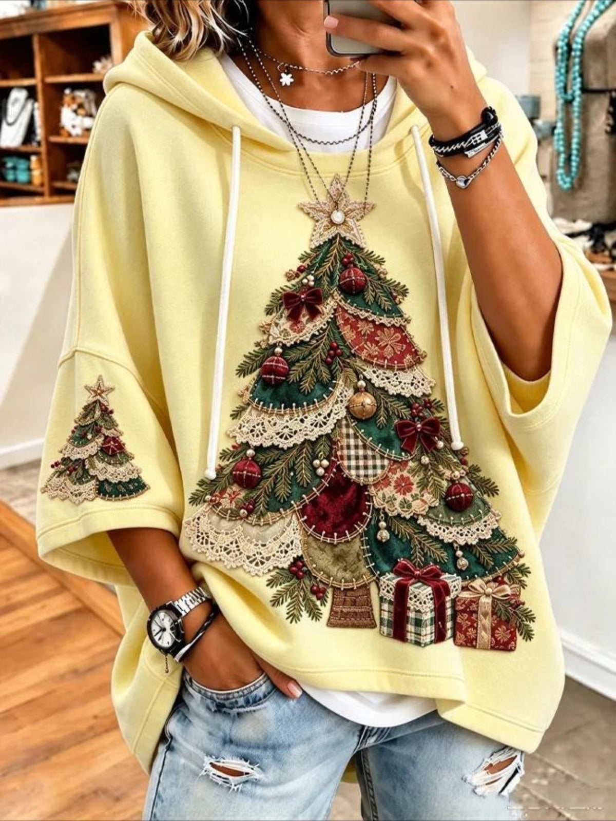 Christmas Tree Printing Half Sleeve Hoodie