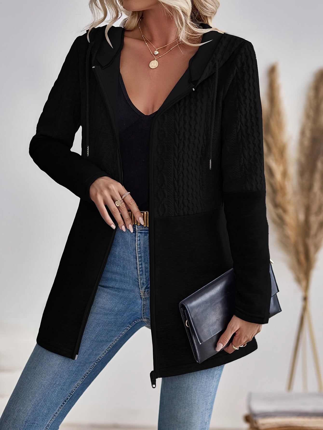 Women's Casual Long Sleeve Textured Zip-up Hoodie Sweatshirt - Soft Drawstring Jacket