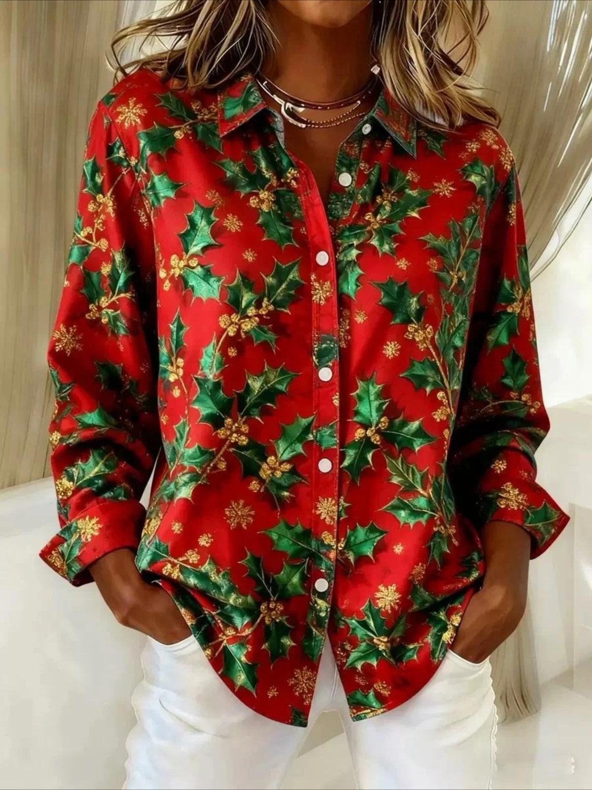 Christmas Snowflake & Tree Patterns Long Sleeve Plain Regular Micro-Elasticity Regular Fit Shirt