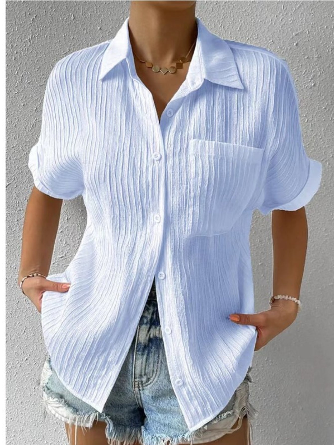 Women's Solid Button Front Casual Lapel Short Sleeve Everyday Shirt