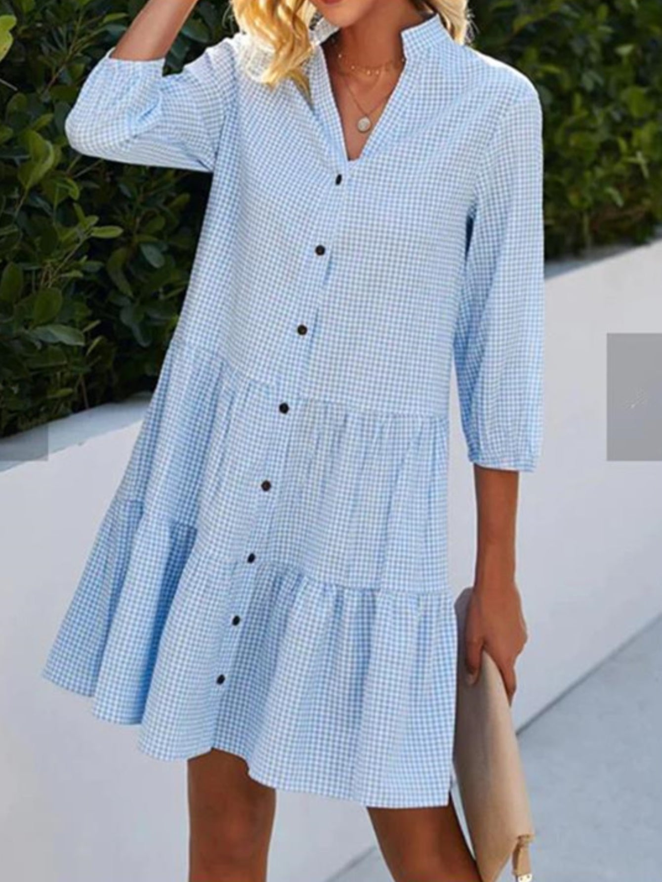 Plaid Buckle Stand Collar Casual Tunic Dress