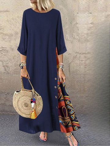 Tribal Print Crew Neck Panel Dress, Casual Long Sleeve Loose Maxi Dress