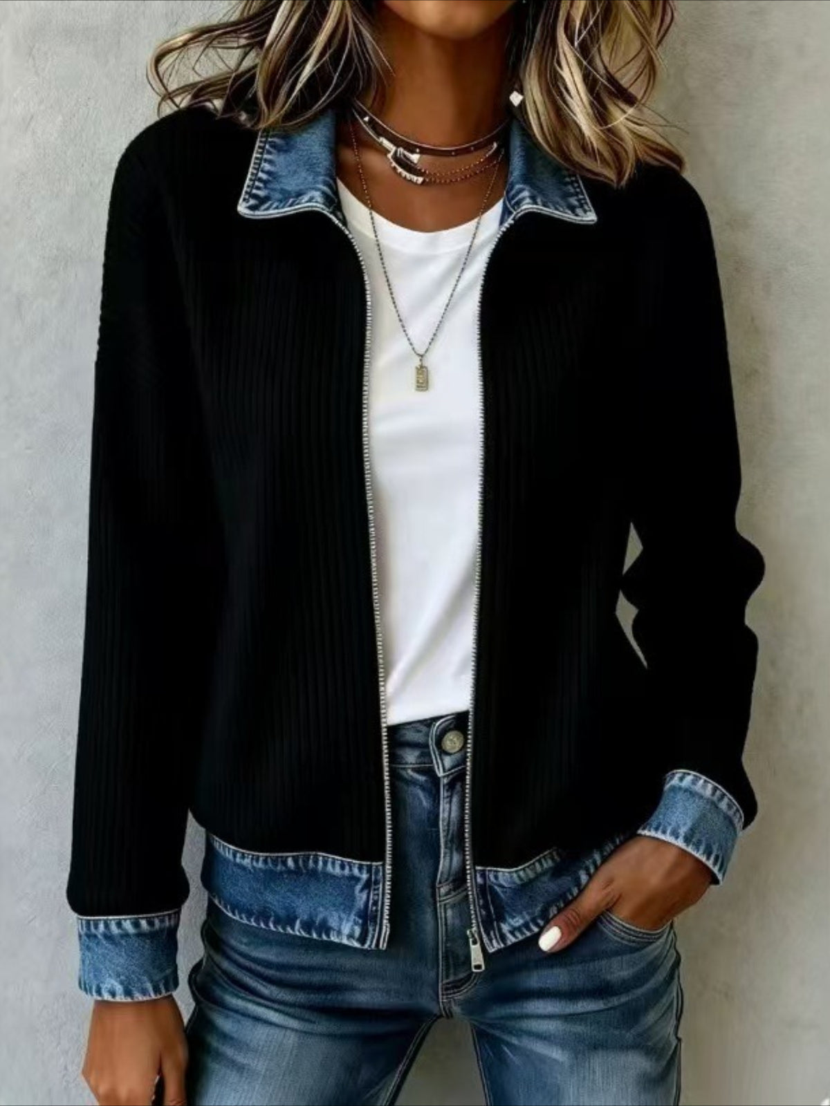 Zip-Up Corduroy Jacket with Denim-Look Trim