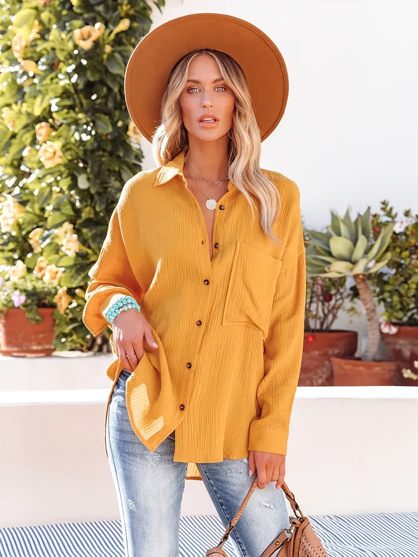 V-neck Loose Lapel Blouses, Casual Pocket Button Down Long Sleeve Fashion Shirts Tops
