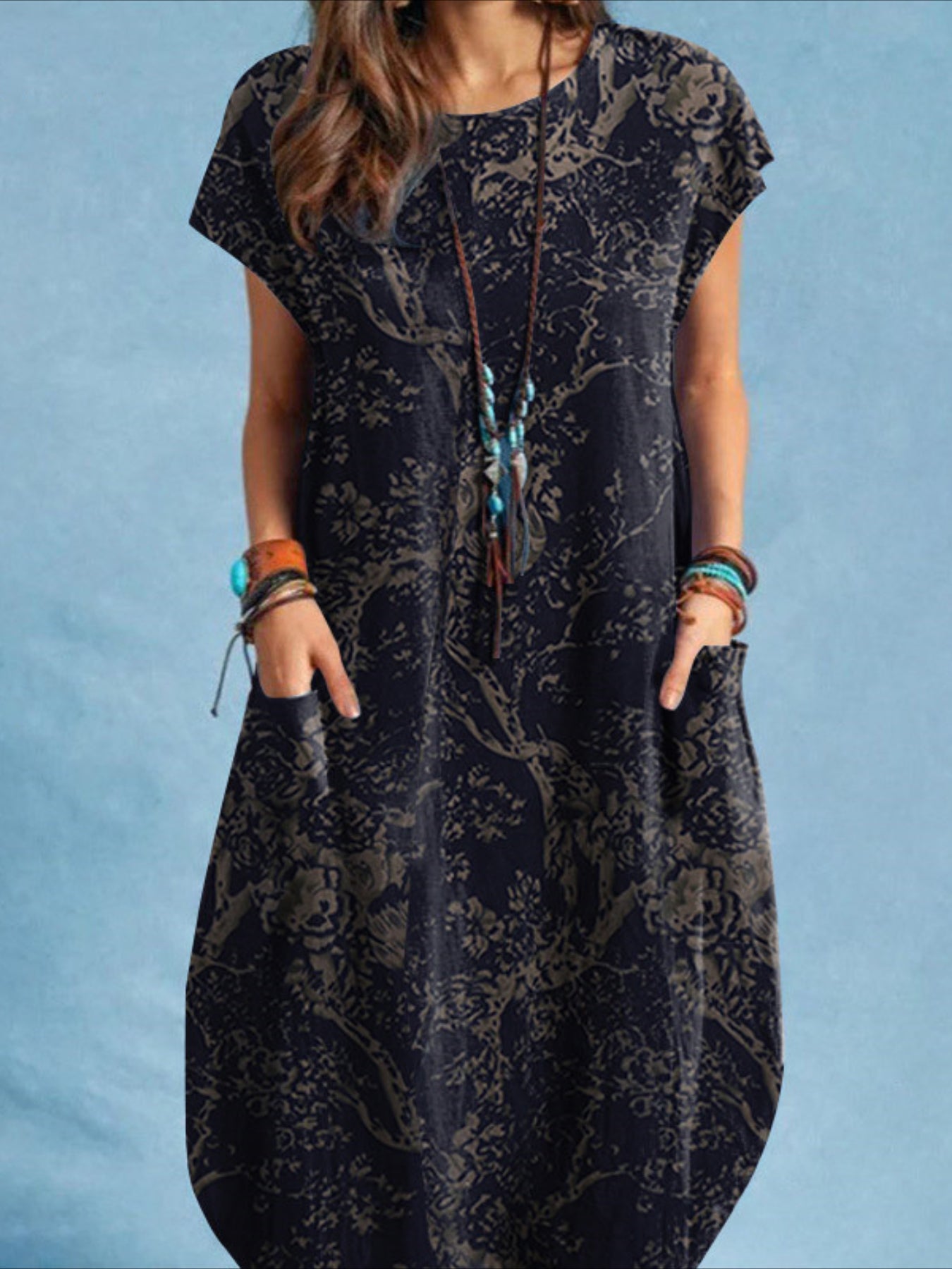 Floral Print Tank Dress, Vintage Crew Neck Sleeveless Dress