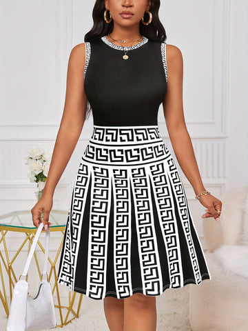 Geo Print Splicing Tank Dress, Elegant Crew Neck Sleeveless Dress