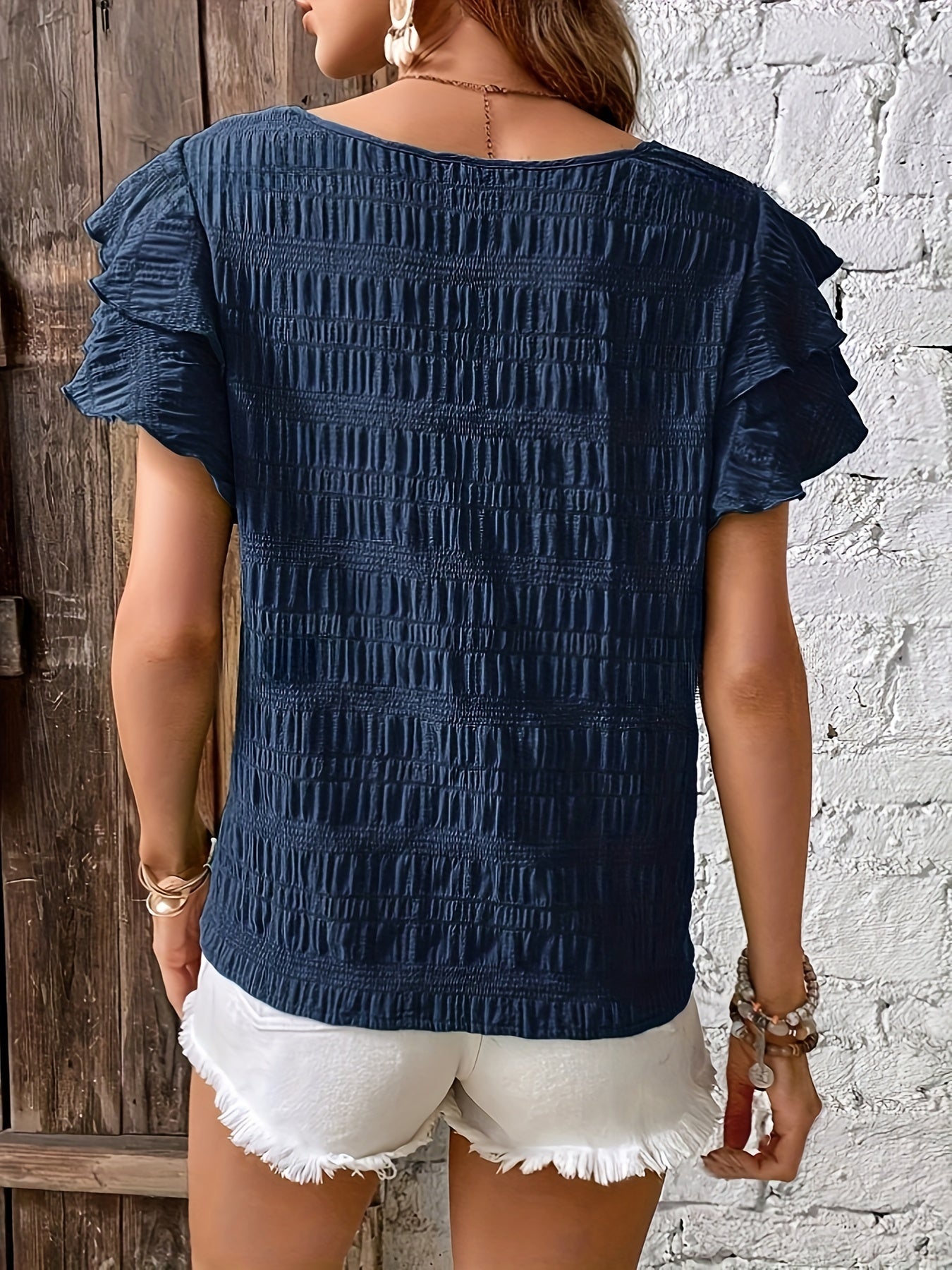 Textured Butterfly Sleeve Blouse, Elegant Solid Color Crew Neck Top
