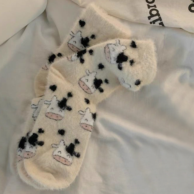 Cute Cow Spots Print Socks, Thickened & Warm Coral Fleece Socks