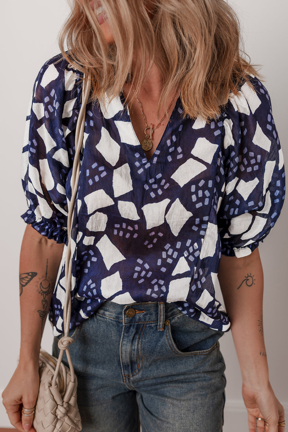 Blue Abstract Print Frilled Puff Sleeve V Neck Blouse