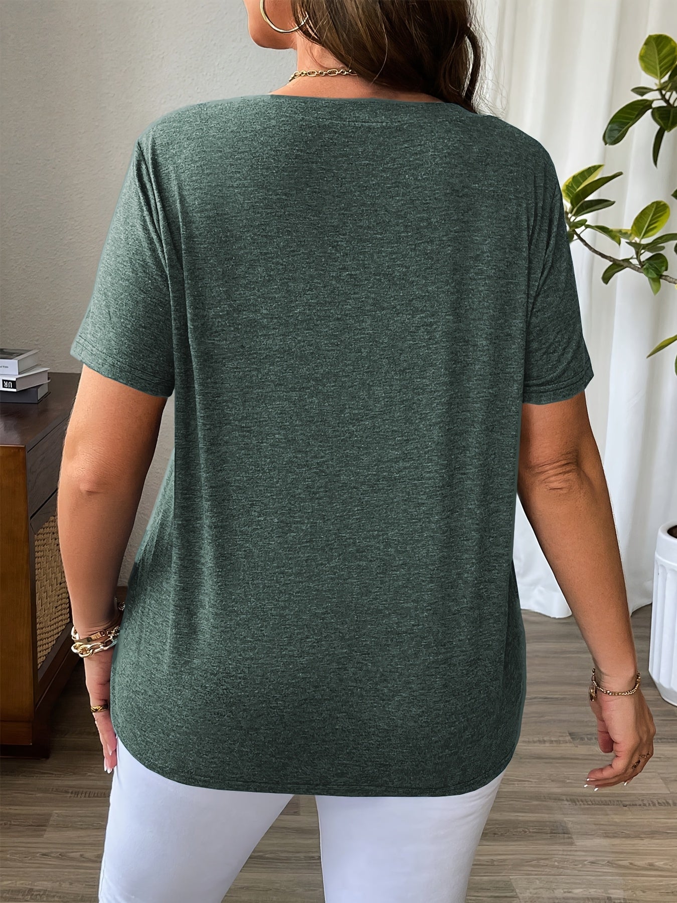 Solid Color T-Shirt with Crisscross V-Neck and Short Sleeves