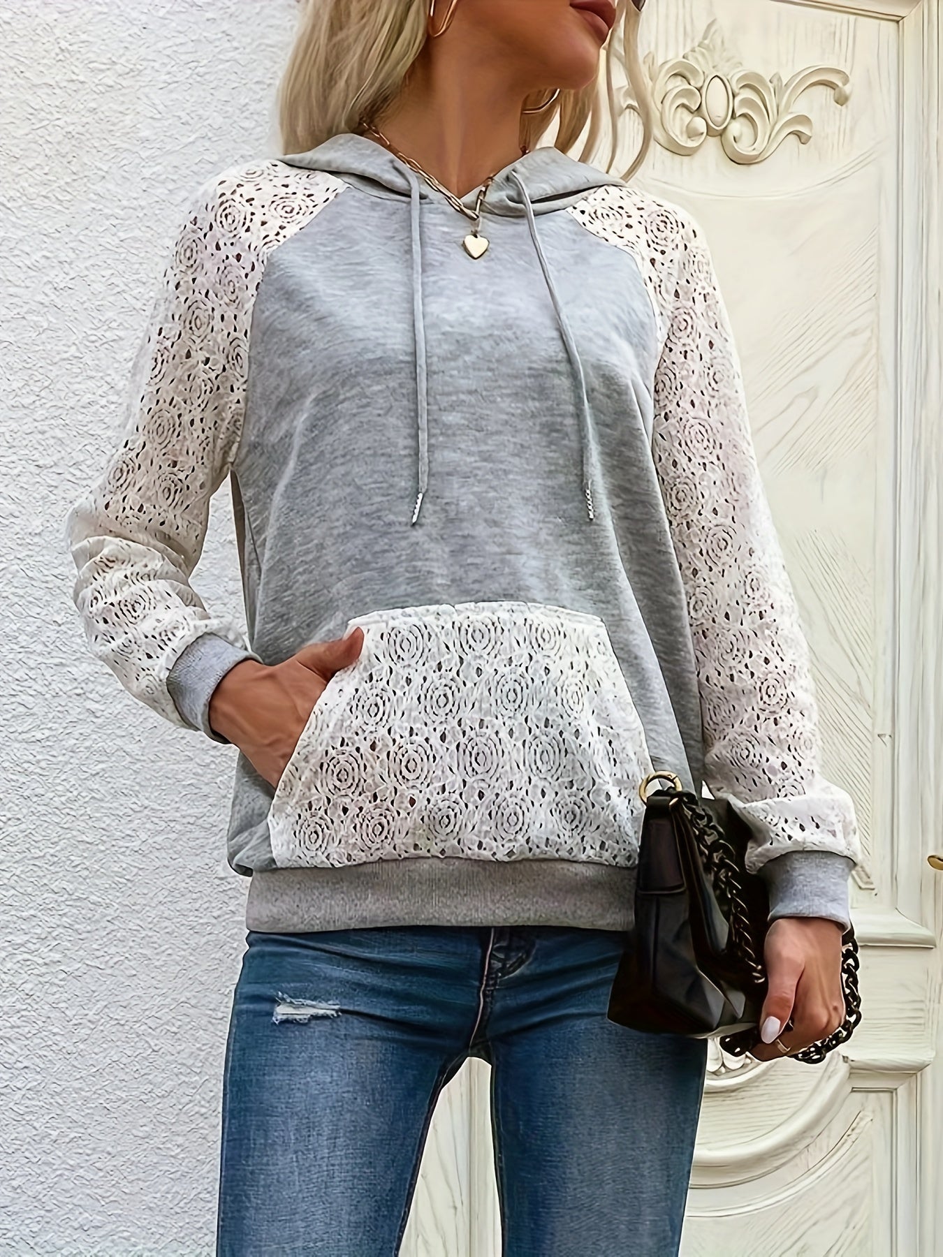 Lace Panel Kangaroo Pocket Hoodie, Casual Long Sleeve Drawstring Hoodie Sweatshirt