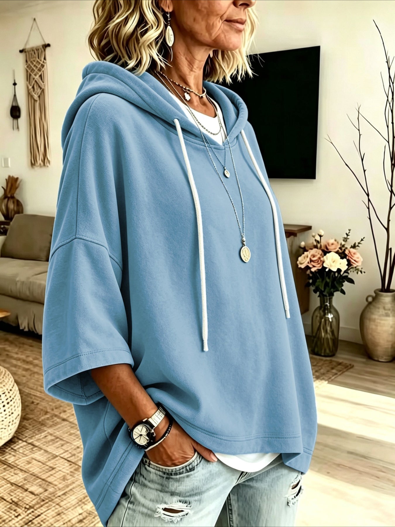 Seven-quarter Sleeves Solid Color Casual Hooded Sweatshirt