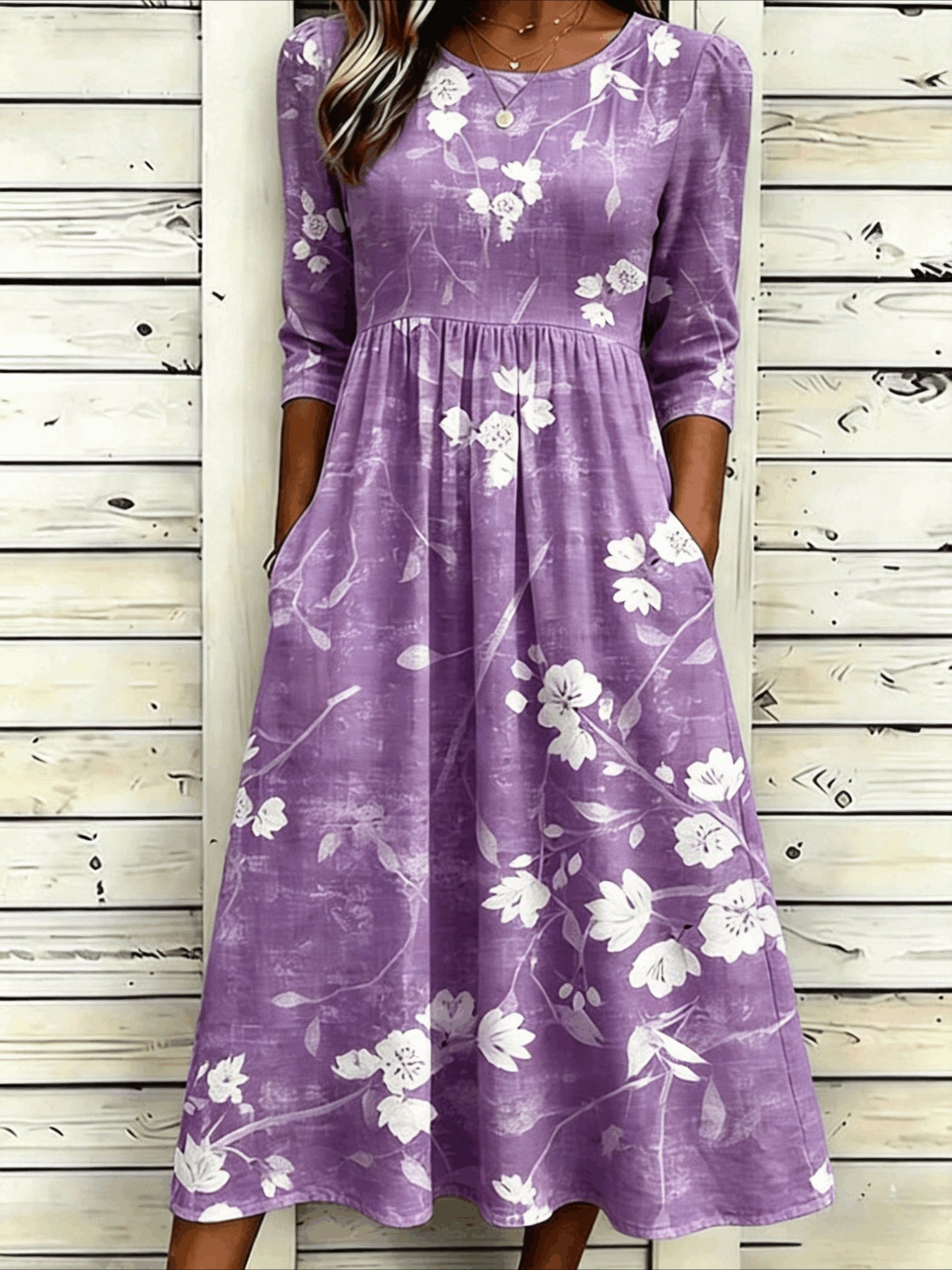 Flower Casual Round Neck Half Sleeve Mid Dress