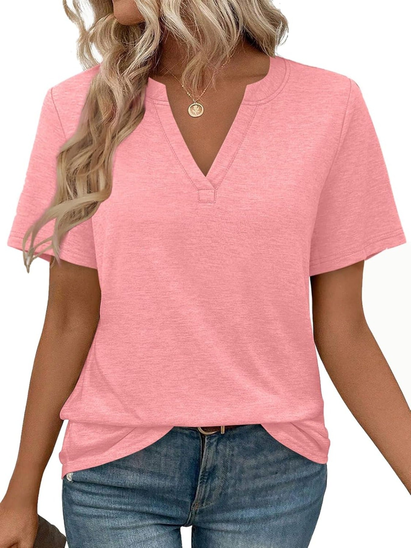 Solid Color Short Sleeve V Neck T Shirt
