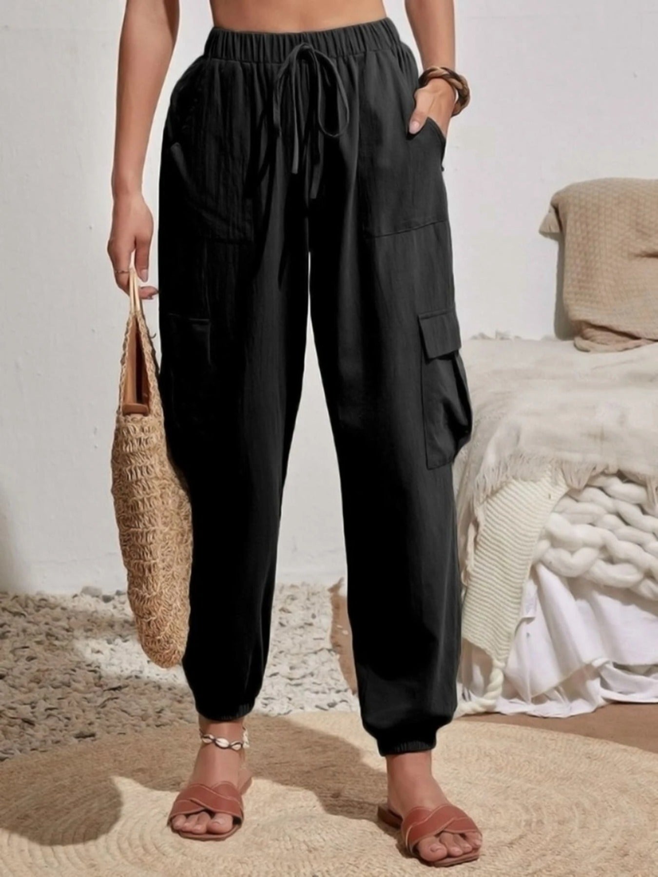 Solid Drawstring Pants, Casual Slant Pockets Cargo Pants
