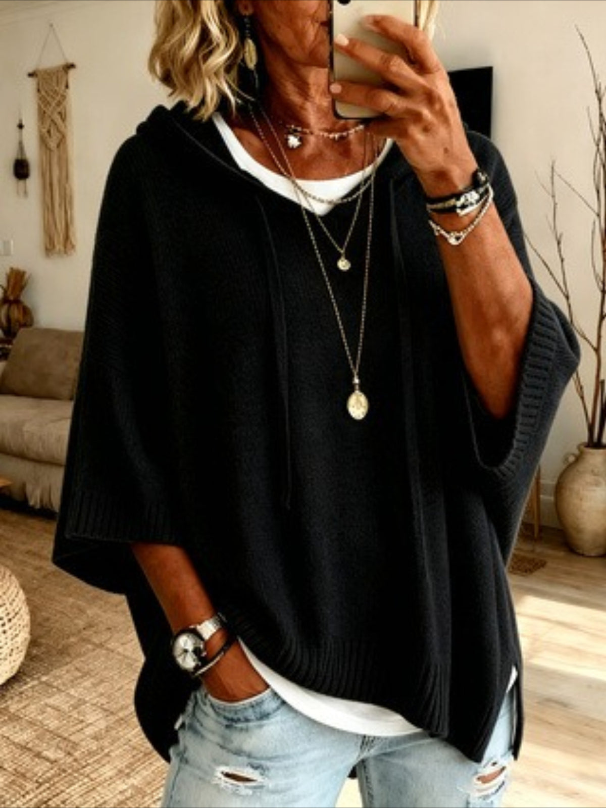 Solid Color Casual Hooded Batwing Sleeve Knit Sweater