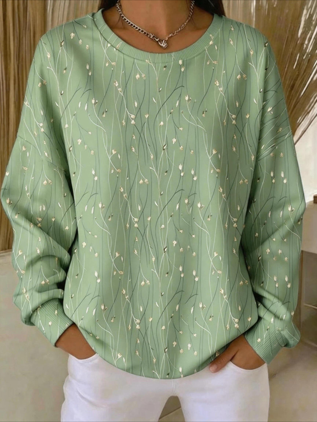Casual Loose Leaf Crew Neck Regular Fit Sweatshirt