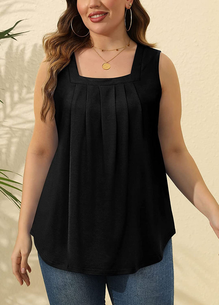 Pleated Square Neck Printed Sleeveless Vest Top