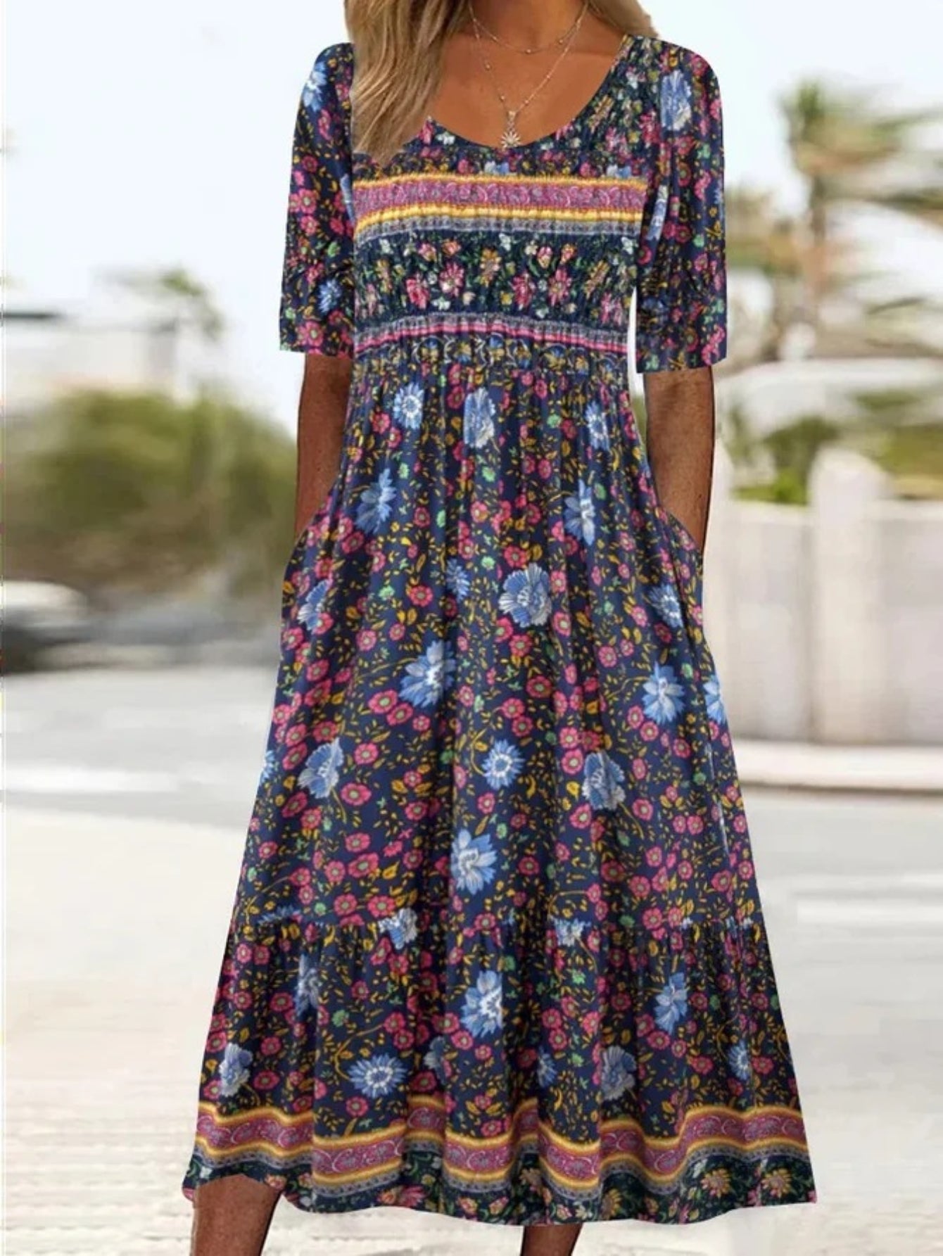 Floral Print Crew Neck Dress, Casual Short Sleeve Dress